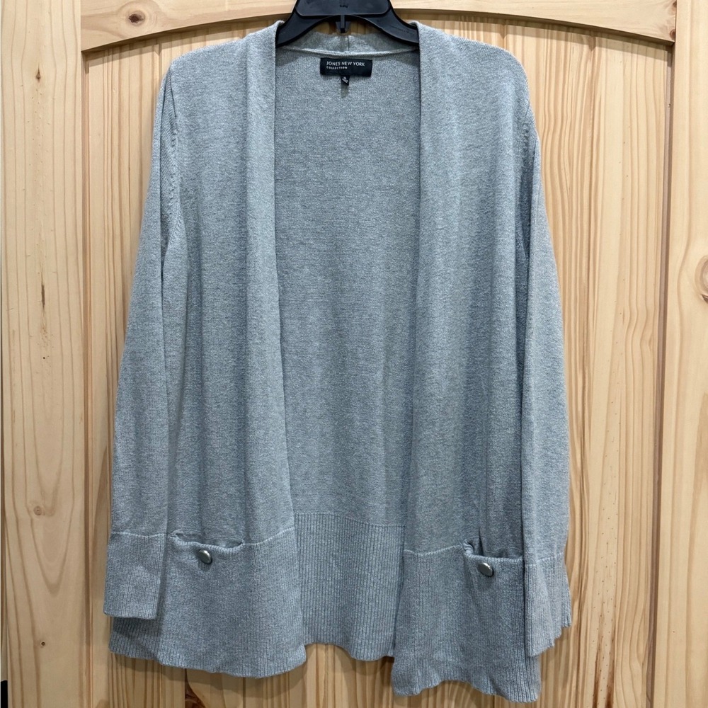 Jones New York Collection Gray Open Front Cardigan Sweater XL Cotton Wool Blend